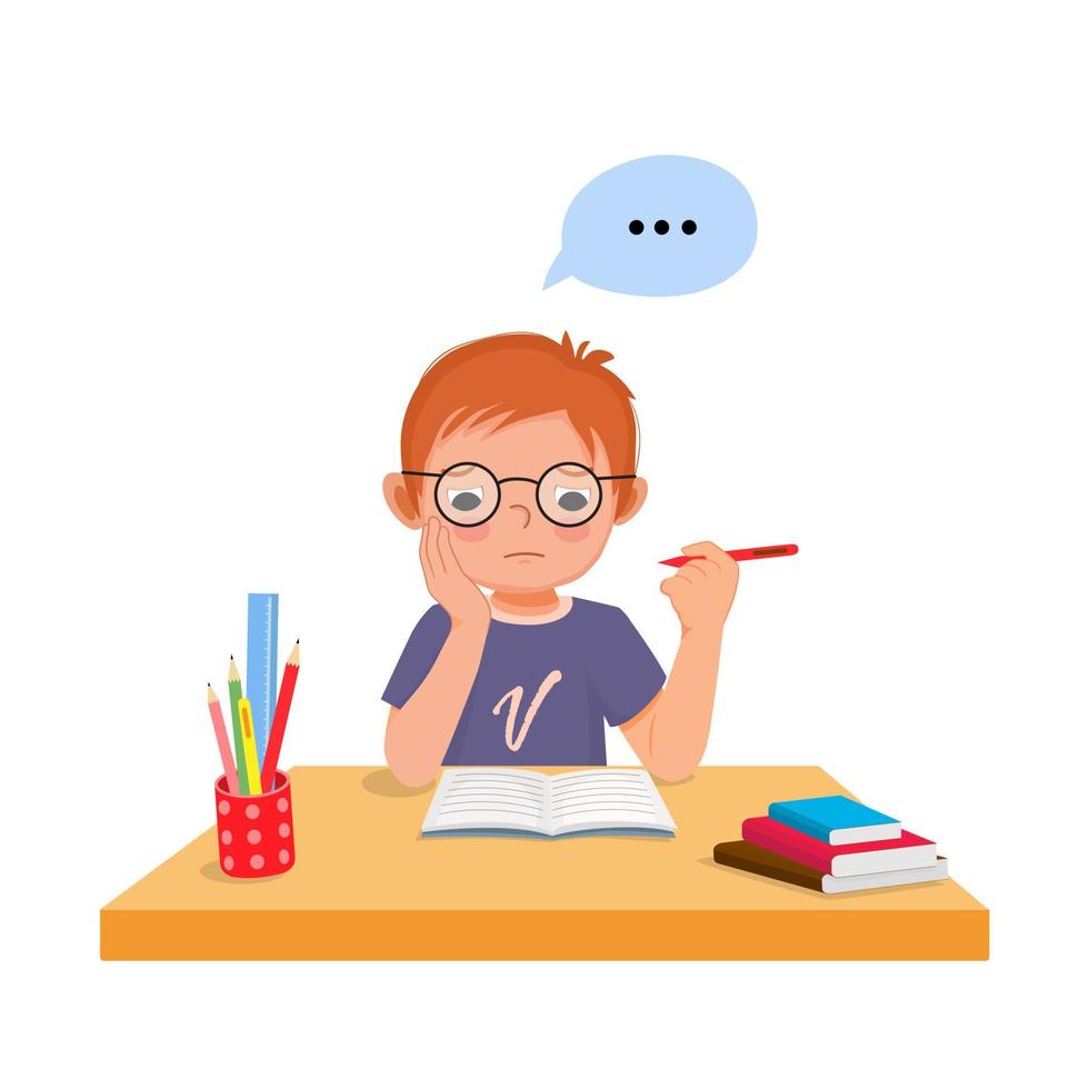 cute little boy with hand on his cheek feeling tired, bored and lazy studying and doing his homework at the desk at home vector