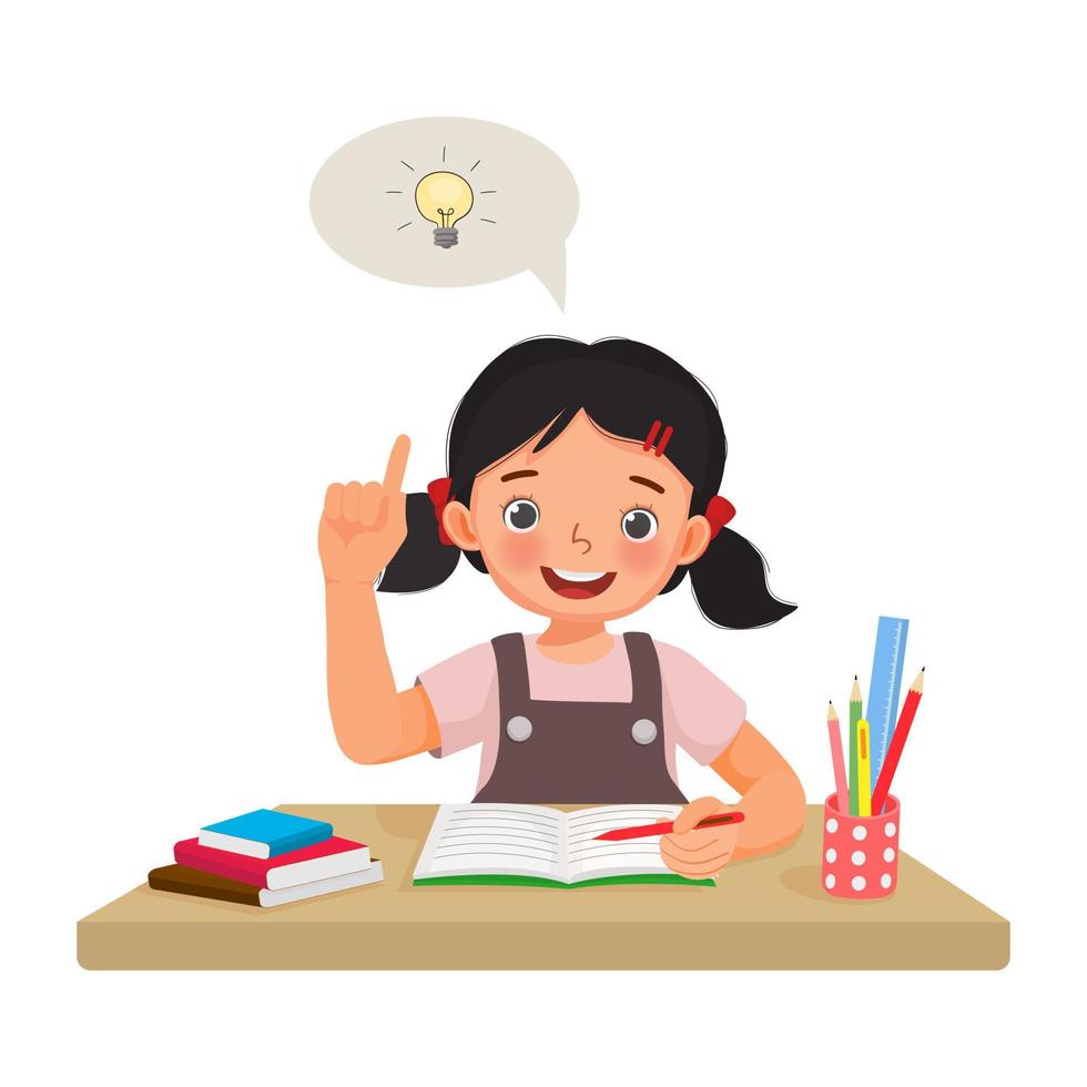 cute little girl got an idea to solve the problems in math homework raised her finger pointing up while sitting studying on the desk at home vector