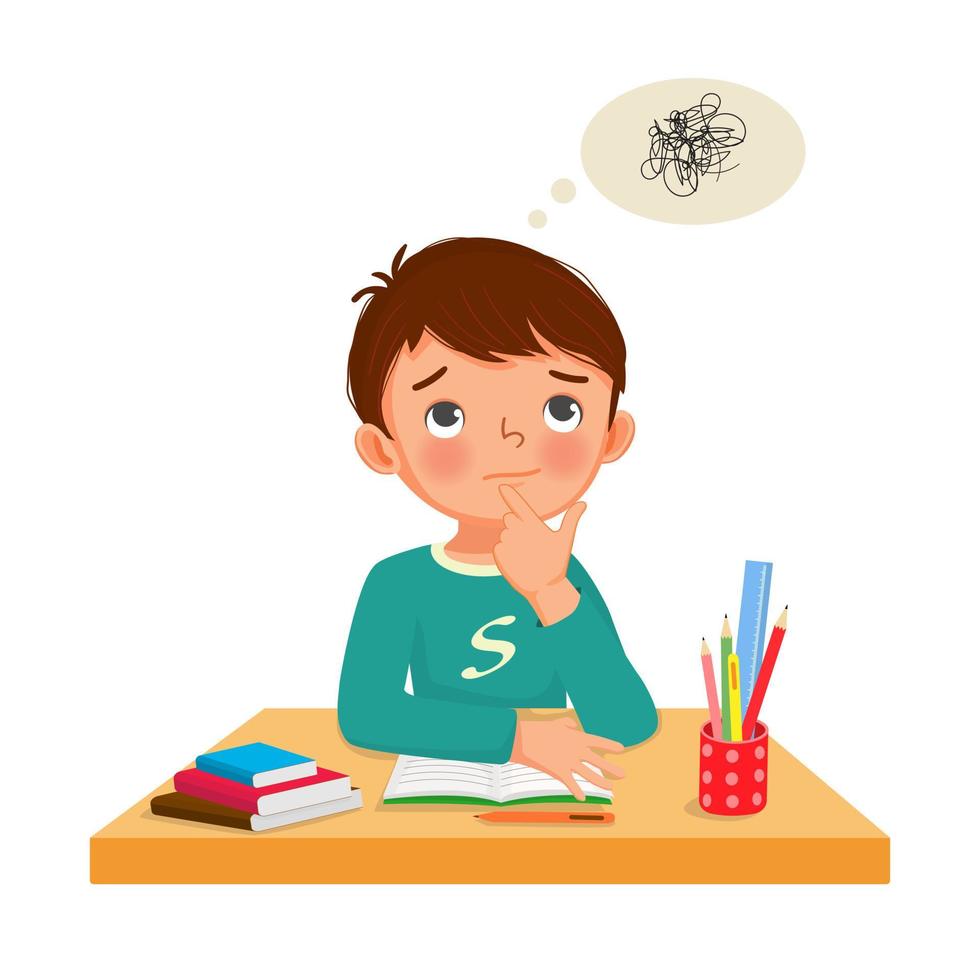 cute little boy thinking while studying and doing his homework at the desk vector