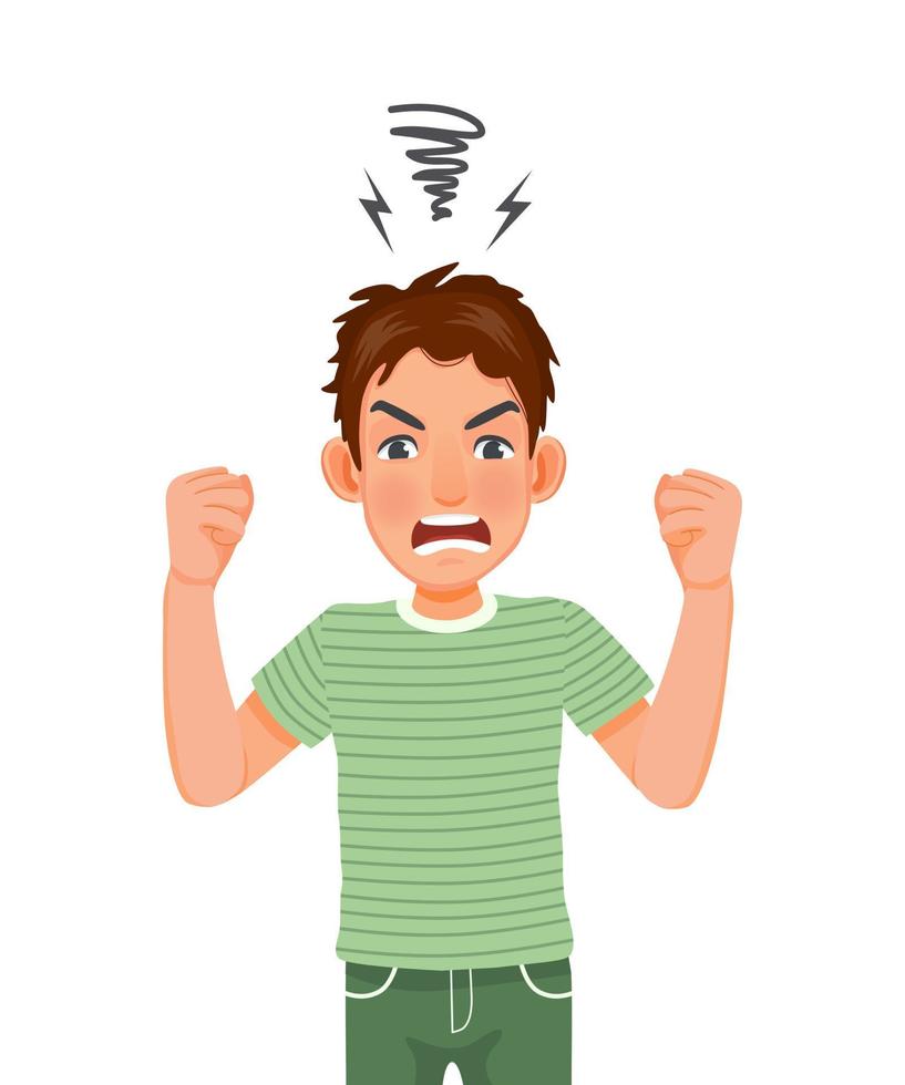 Handsome young man annoyed angry in furious gesture screaming in anger showing his fist expressing his negative emotions. Human emotions and facial expression, body language concept vector