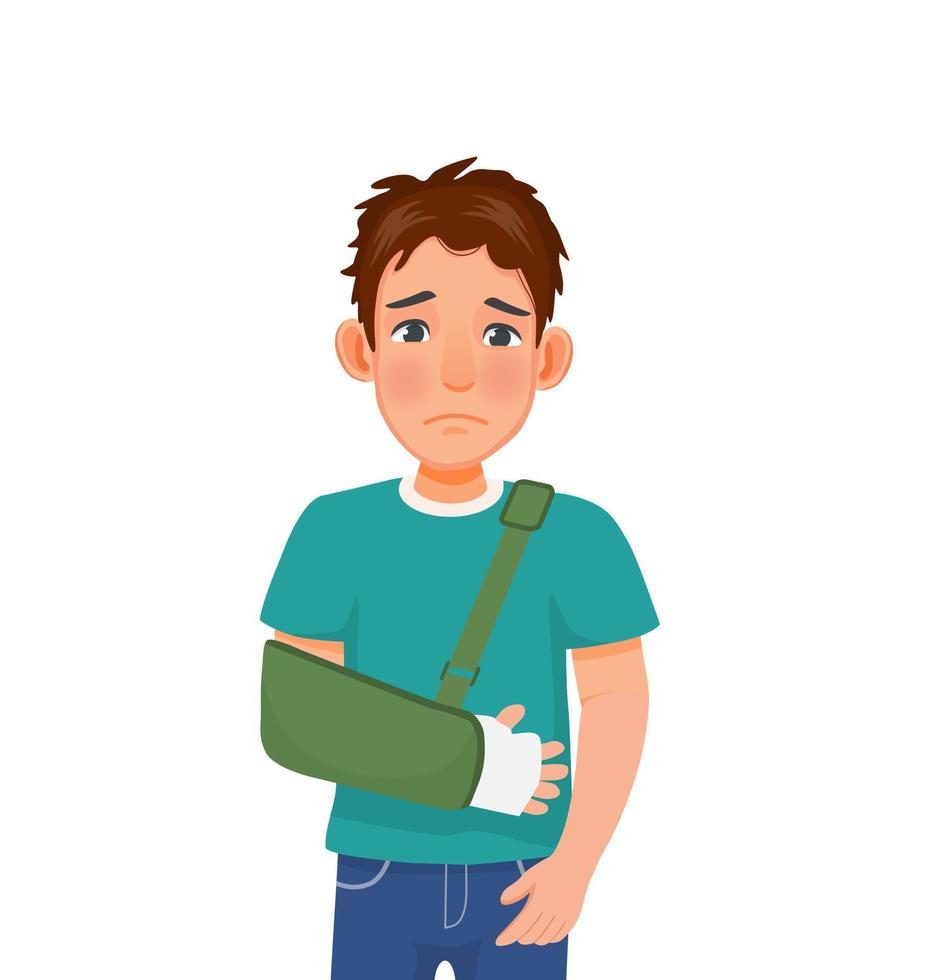 Sad young man with broken arm suffering from hand injury wearing hand splint with an arm sling vector