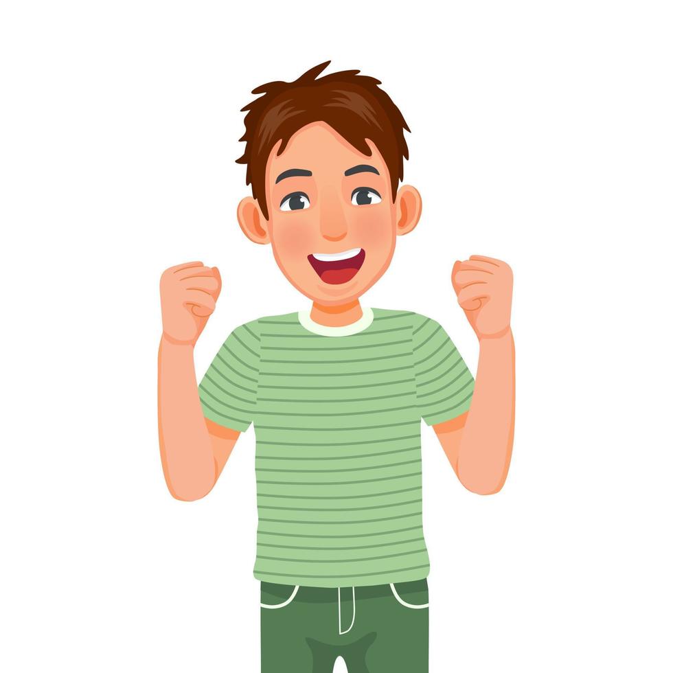 happy and excited young man making fist pump winner gesture with arms raised, smiling and shouting for victory celebrating successful of achieving goals vector