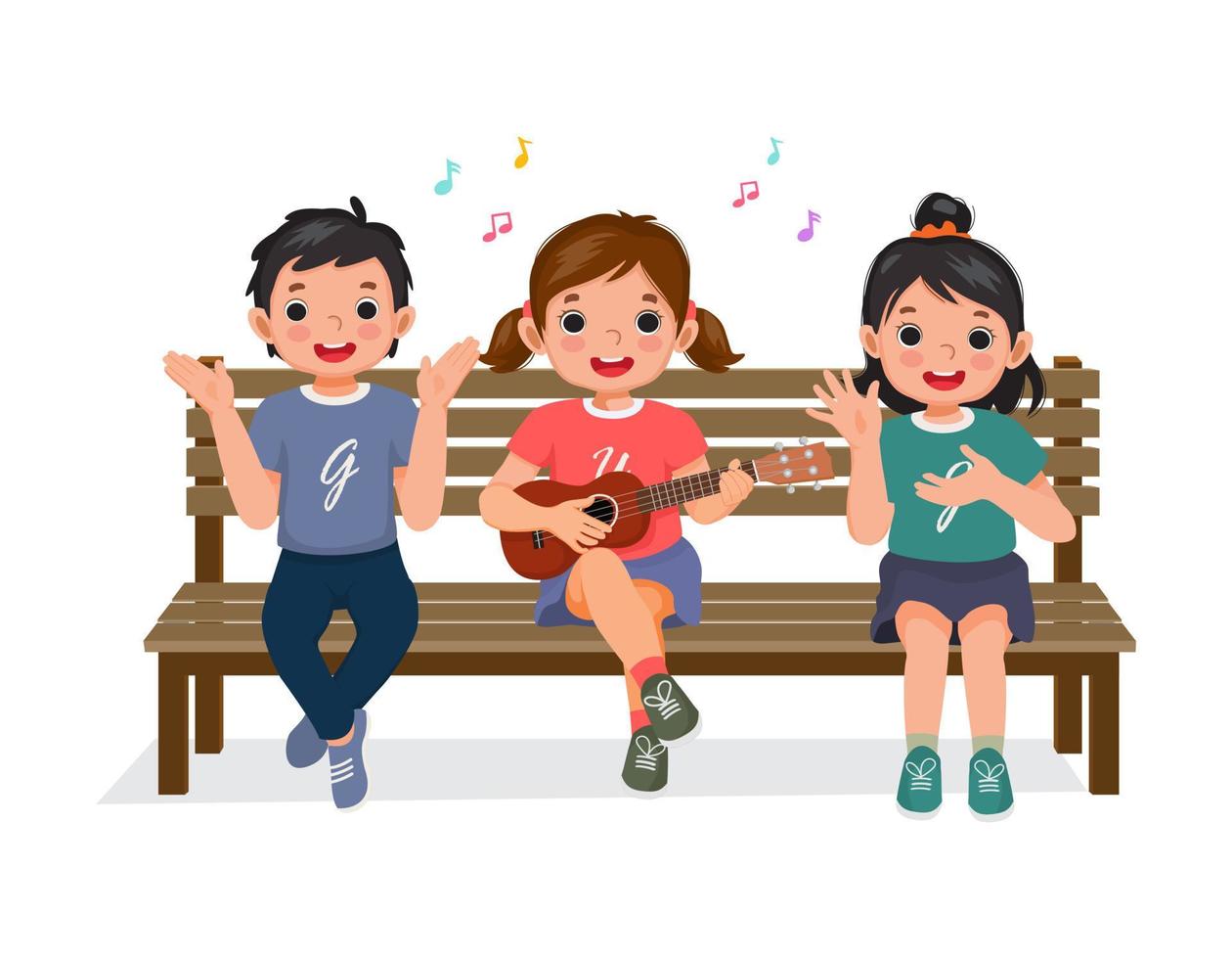 cute little boy and girls clapping hands, singing, playing guitar and having fun together sitting on bench vector