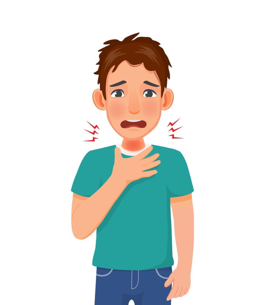 handsome young man touching his neck because having sore throat, dry and scratchy feeling in the throat as symptom of viral infection, cough, allergy, influenza, cold and fever vector