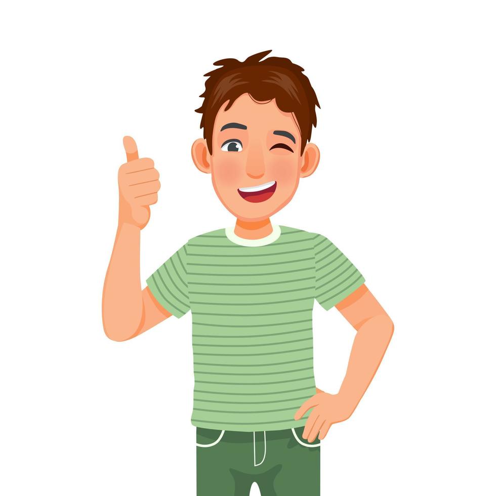 Happy handsome young man giving thumb up and positive feedback approval standing with hand on the waist looking confident smiling expression vector