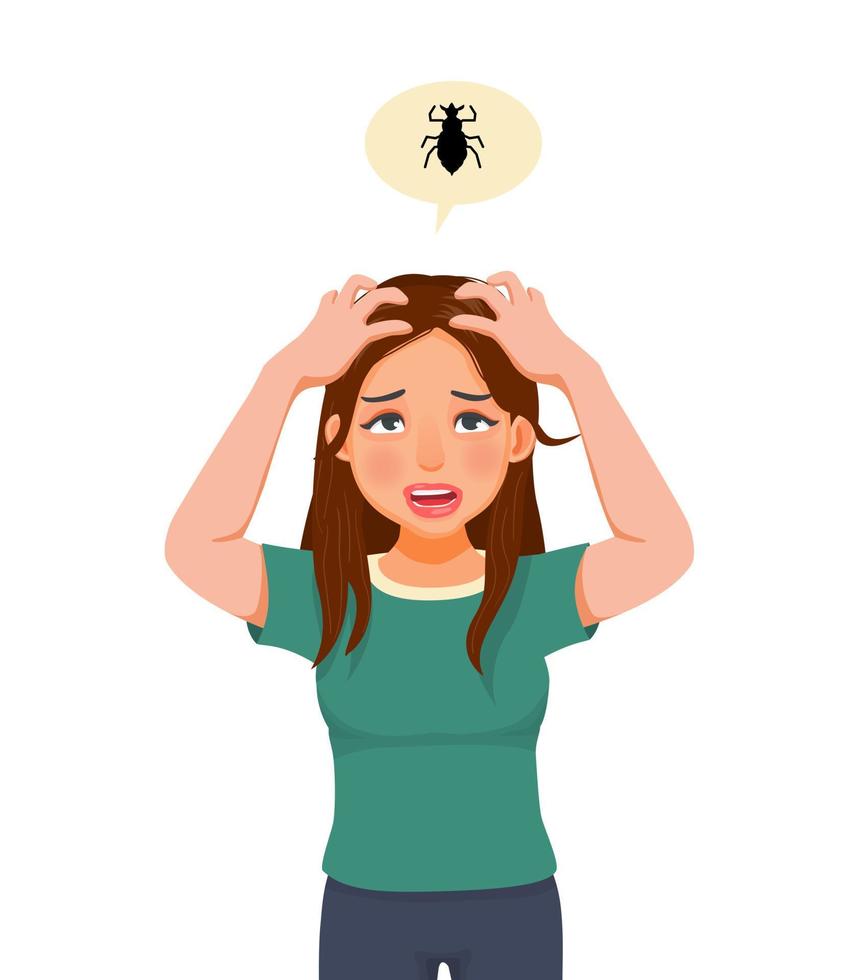 Upset young woman scratching her itchy scalp having problem with dandruff dry head skin and lice in hair vector