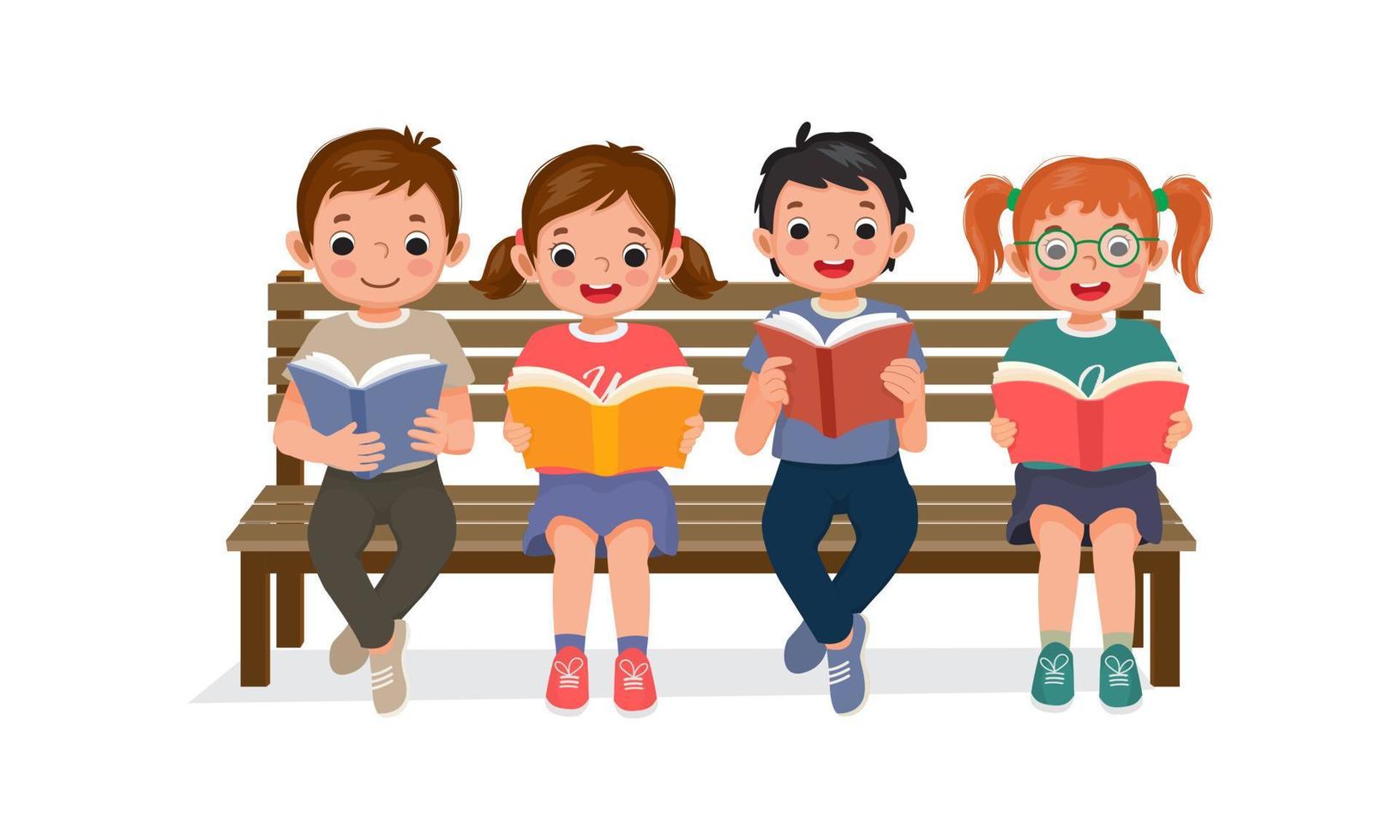 cute children reading books together sitting on bench vector