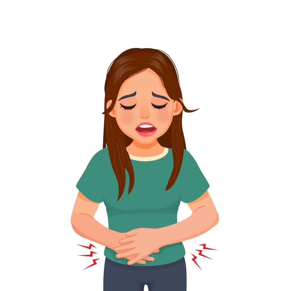 Young woman suffering from stomachache, diarrhea, indigestion problem, abdominal pain, food poisoning, nausea, gastritis or bloating vector