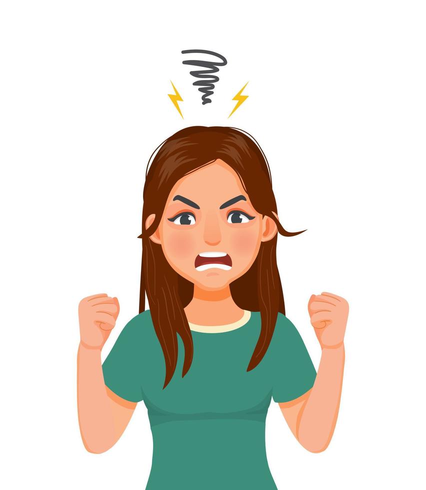 young woman annoyed angry in furious gesture screaming in anger showing her fist expressing her negative emotions. Human emotions and facial expression, body language concept vector