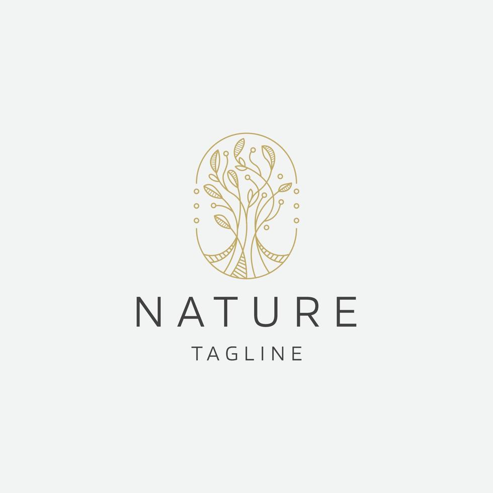 Natural tree flower elegant gold color line art logo icon design template flat vector illustration