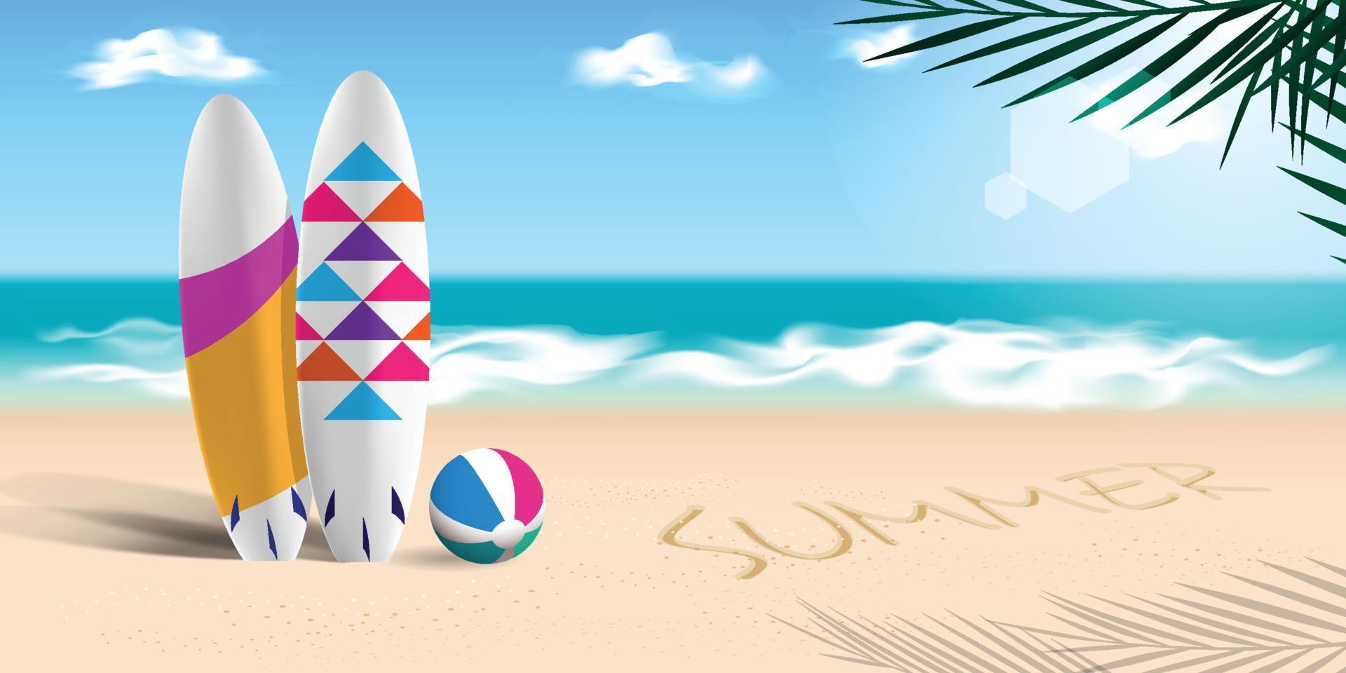 Summer background illustration with surfboard by the sea vector