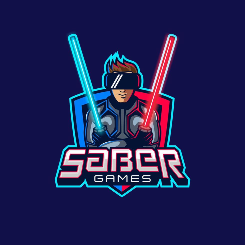 VR Gaming logo with Man wearing VR goggles and holding light saber swords vector