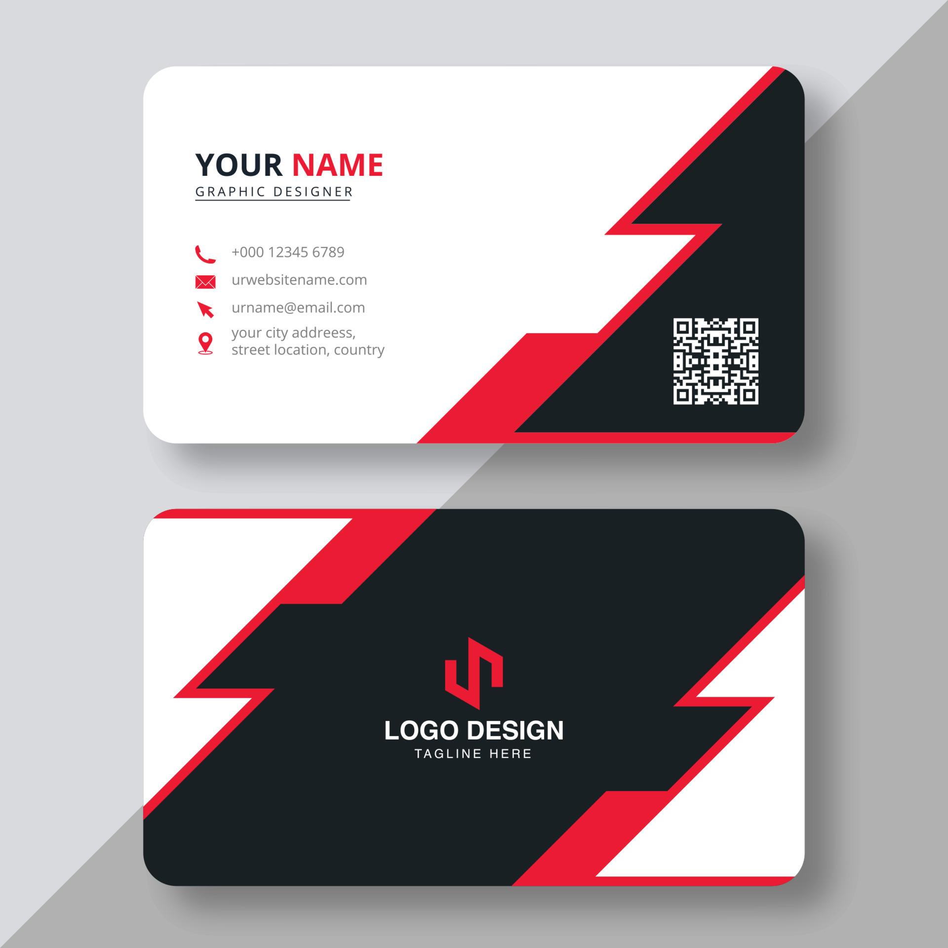 Modern business card template red black colors. Flat design vector