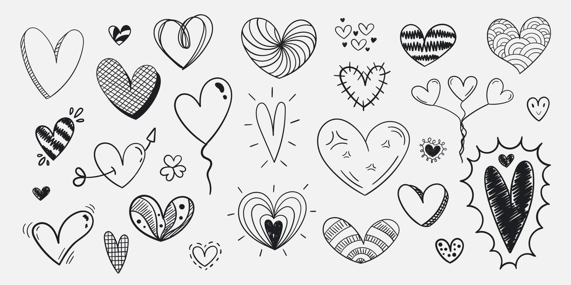 Handwritten hearts set, different styles and sizes. vector