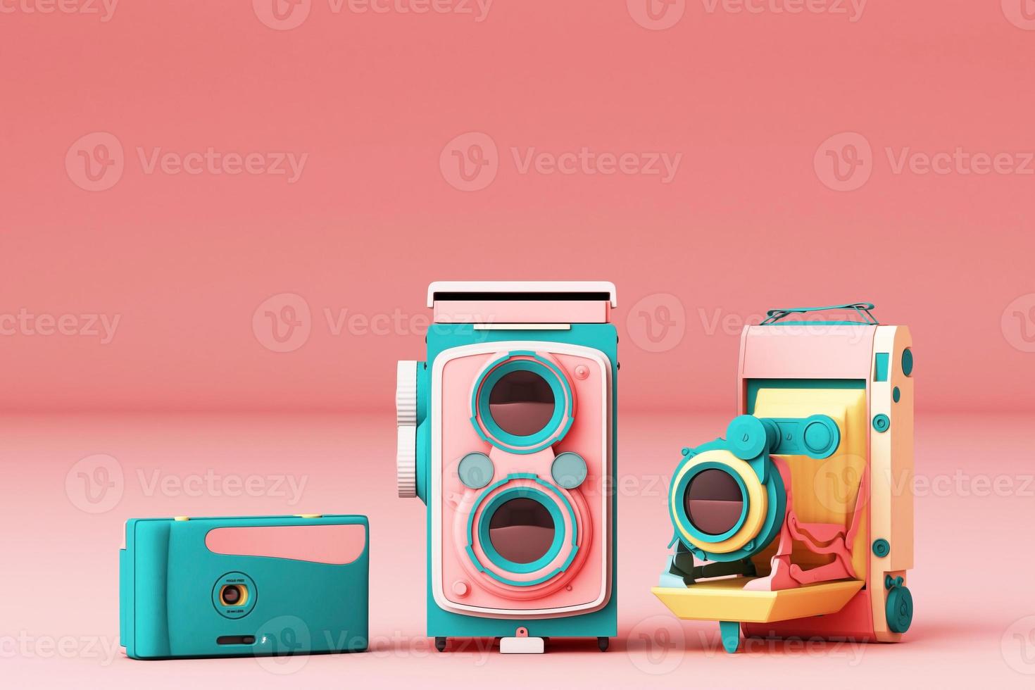 Colorful vintage camera surrounding by memphis pattern on a pastel background. 3d render. photo