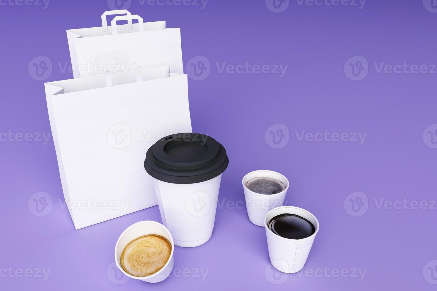 Set of black coffee cups and bag on pastel background. 3d rendering photo