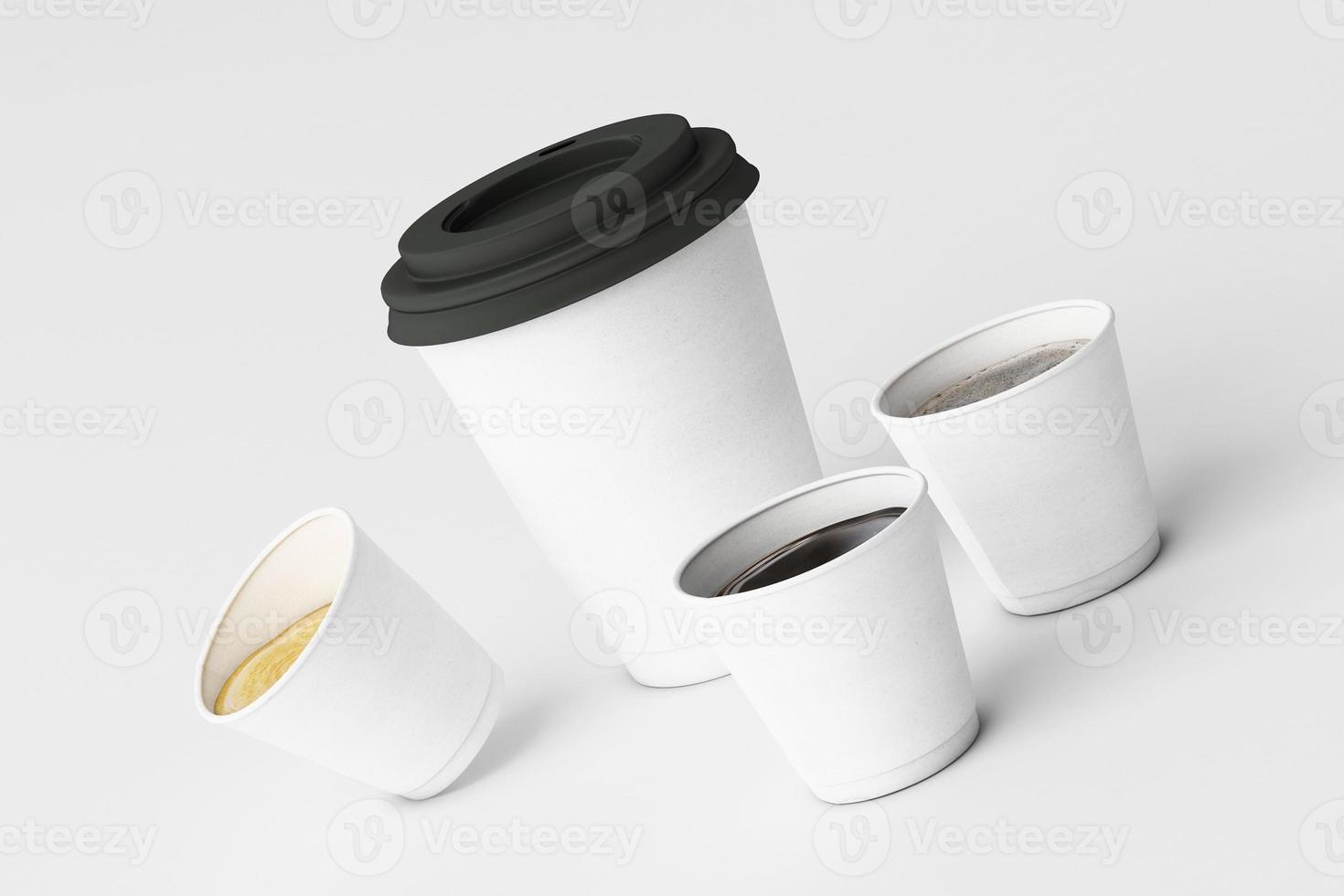 Set of black coffee cups and bag on pastel background. 3d rendering photo