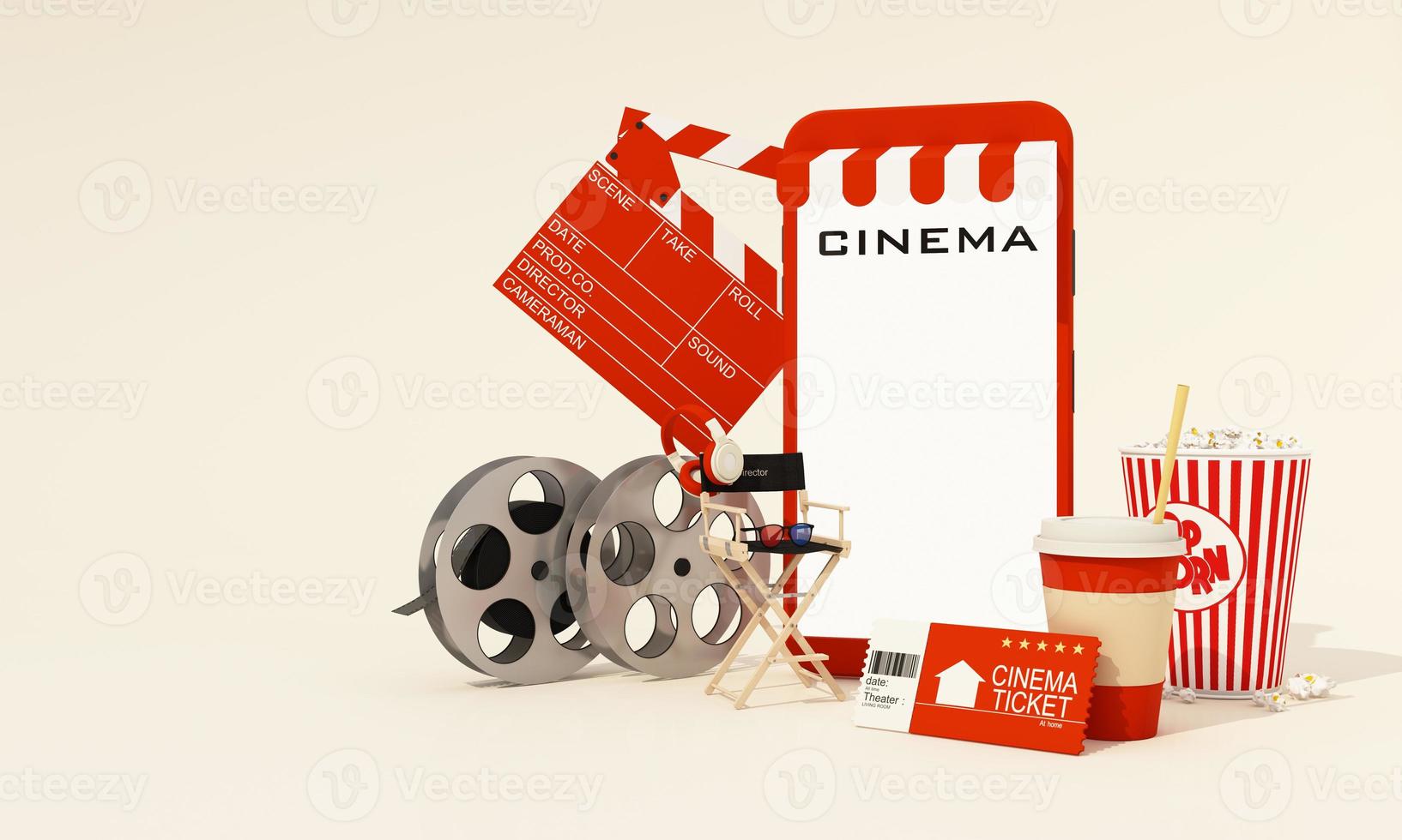 The concept of watching movies online at home during the epidemic with phone screen for your content Surrounded by movie tickets, Popcorn and drinks with movie making equiment 3d rendering photo