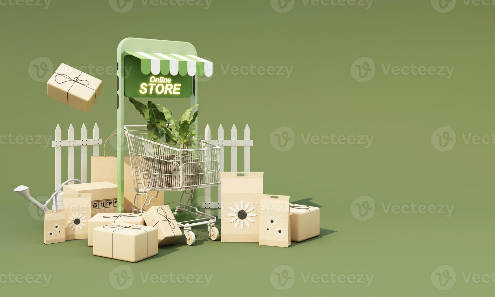Gardening Tools and Plants with phone screen and shopping cart with credit card with seed package, cardboard box, shopping bag. Online garden shop on green background. realistic 3d render Illustration photo
