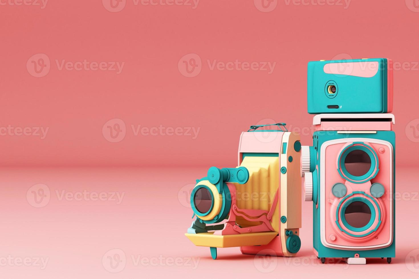 Colorful vintage camera surrounding by memphis pattern on a pastel background. 3d render. photo