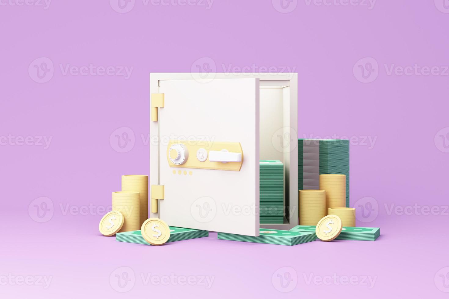 business investment profit concept and money saving, wealth about money and financial planning with Bundle of money, banknote and gold coins in safe box purple background. realistic 3d render photo