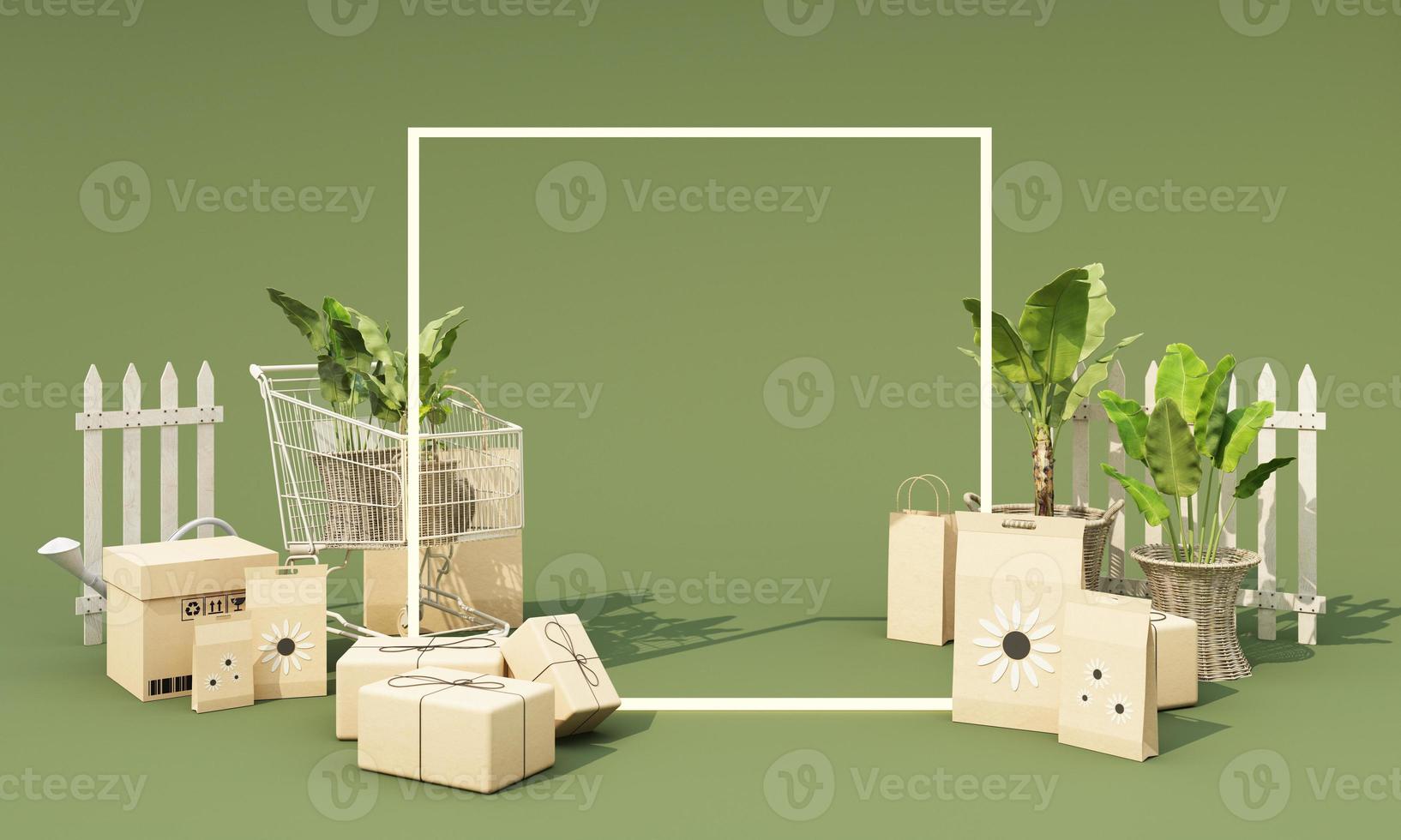 herramientas de jardinería y aislamiento de macetas y carrito de compras con tarjeta de crédito con paquete de semillas, caja de cartón, bolsa de compras. tienda de jardinería en línea sobre fondo verde. ilustración realista de renderizado 3d foto