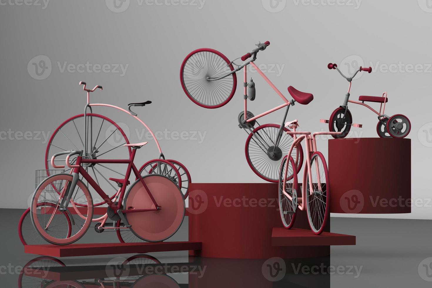 Many bicycle on platform with yellow background. Retro bike. 3d rendering photo