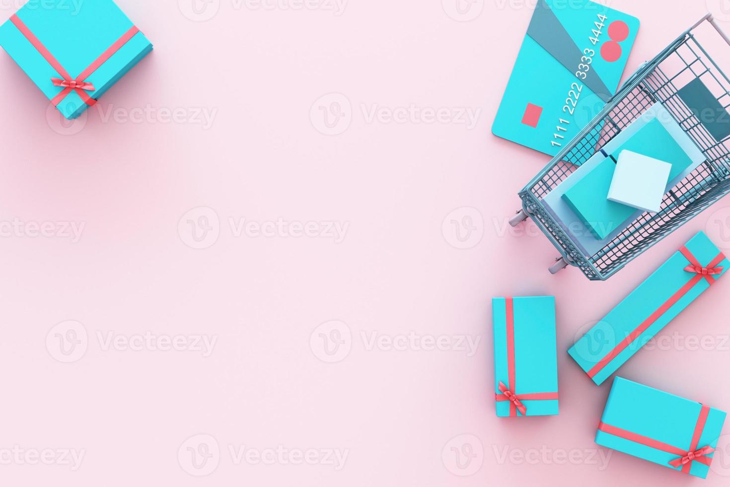 Supermarket shopping cart surrounding by giftbox with credit card on pastel background. 3d rendering photo