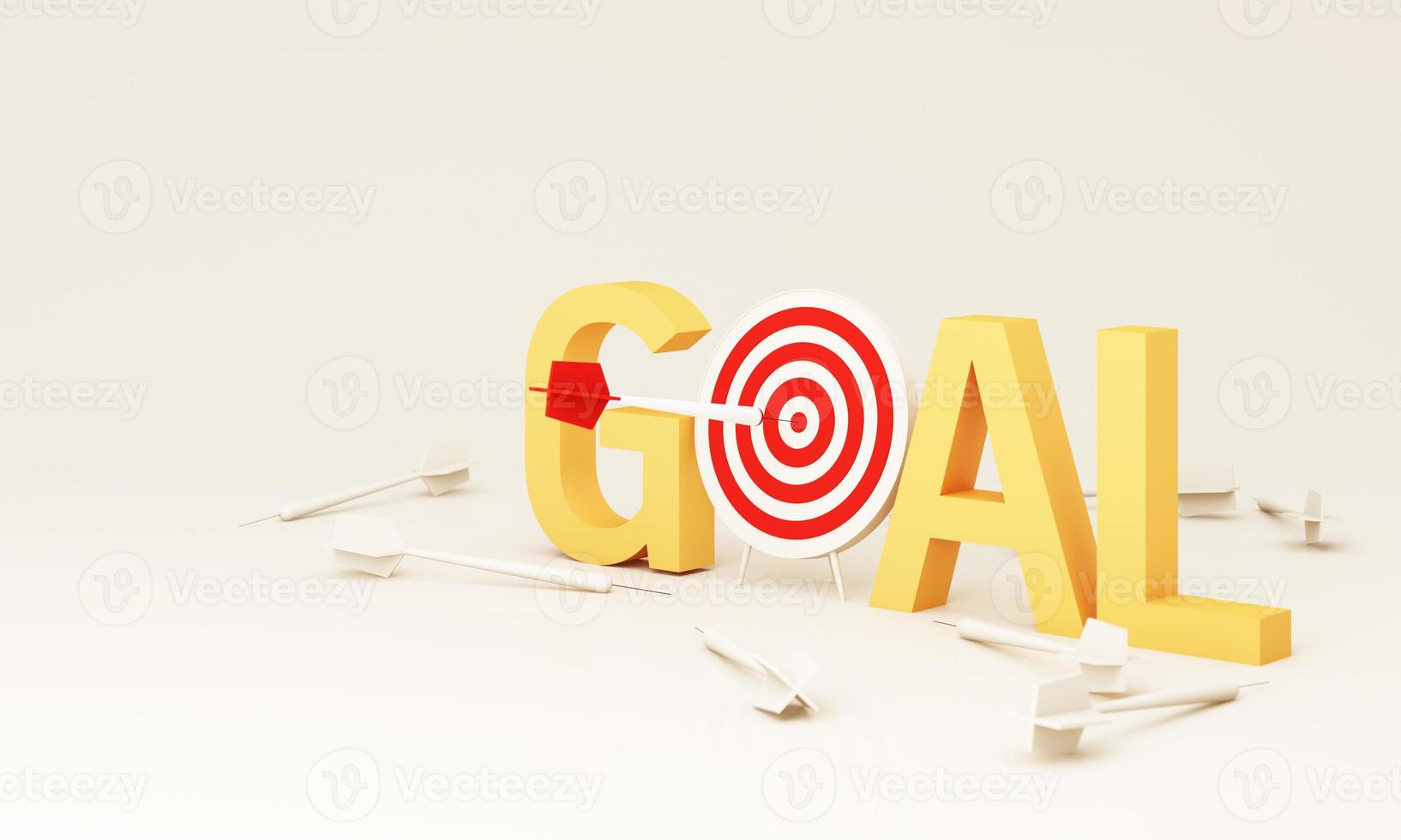 Dart hitting a target on the center on white background with copy space with cash and gold coins on the ground. Minimal concept. 3d render illustration photo