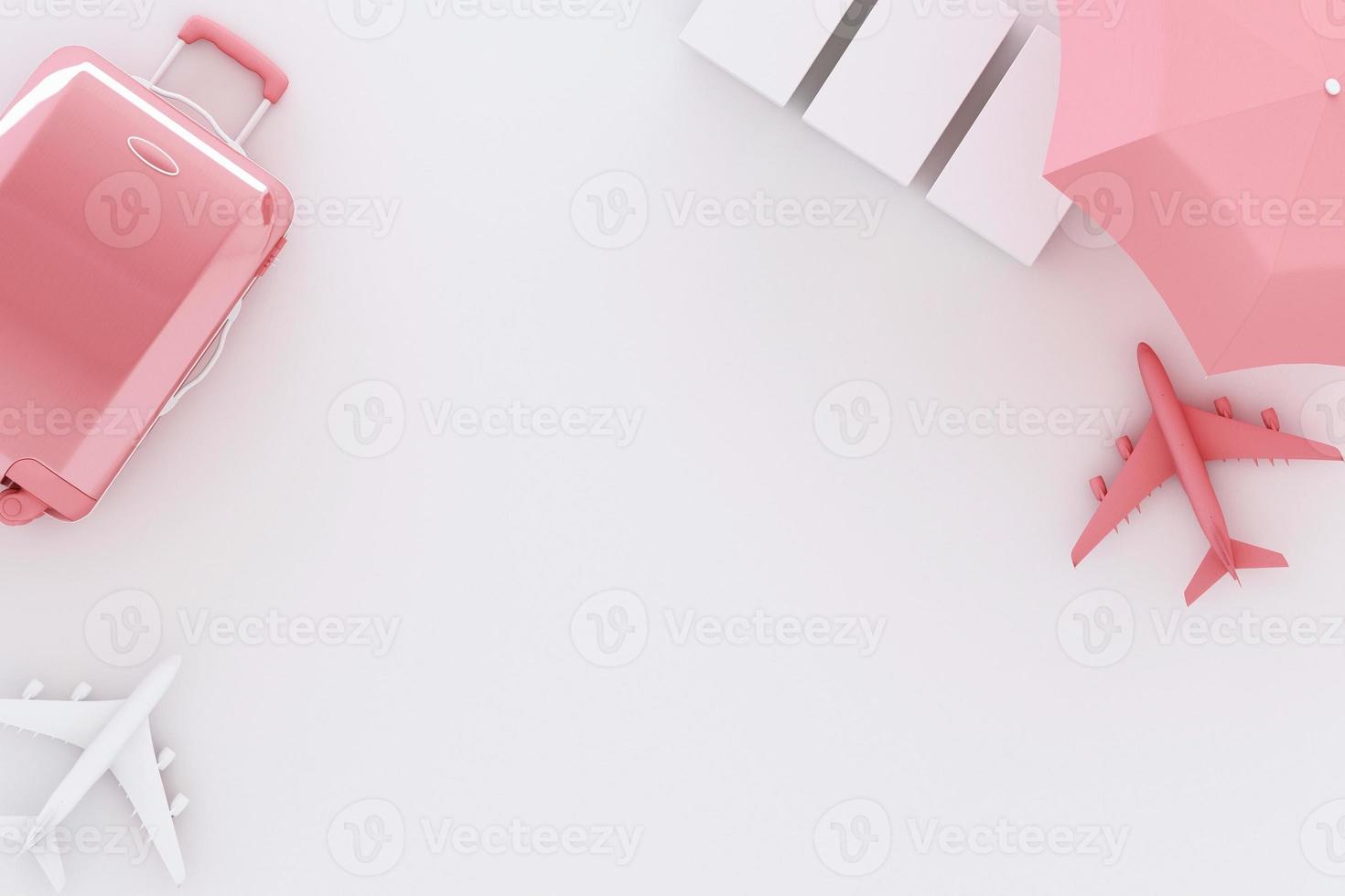 suitcase with traveler accessories on grey  background. travel concept. 3d rendering photo
