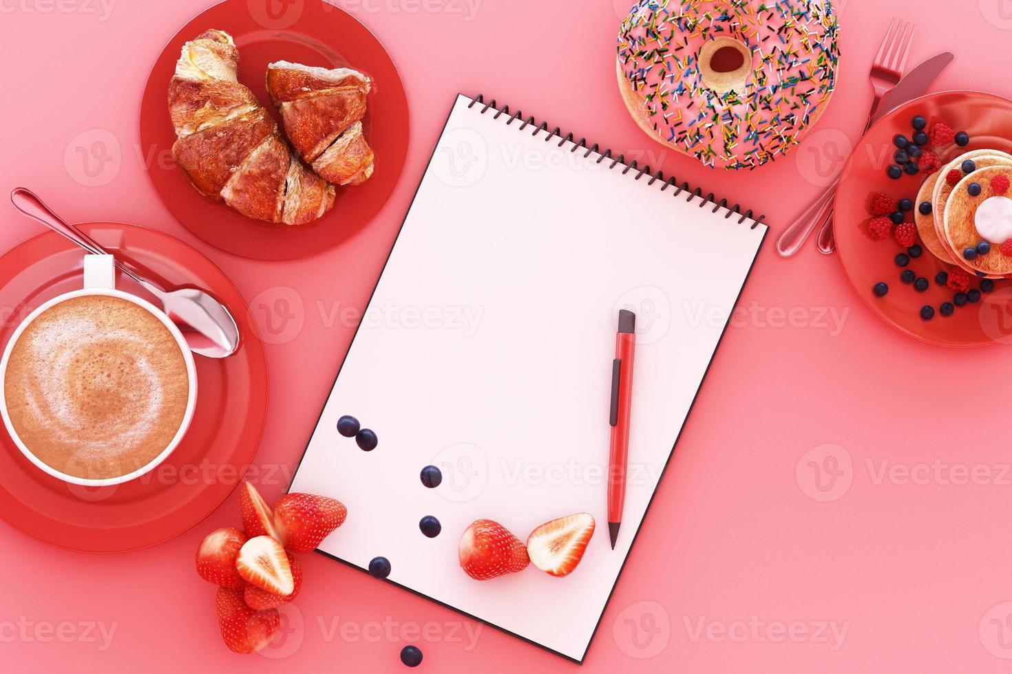 Pancake with blueberry and strawberry in the plate on pink pastel background. 3d render photo
