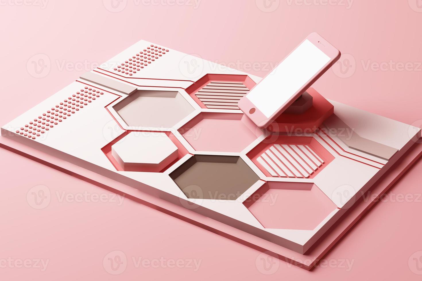 Smartphone with technology concept, Abstract composition of geometric shapes platforms in orange and pastel color. 3d rendering photo