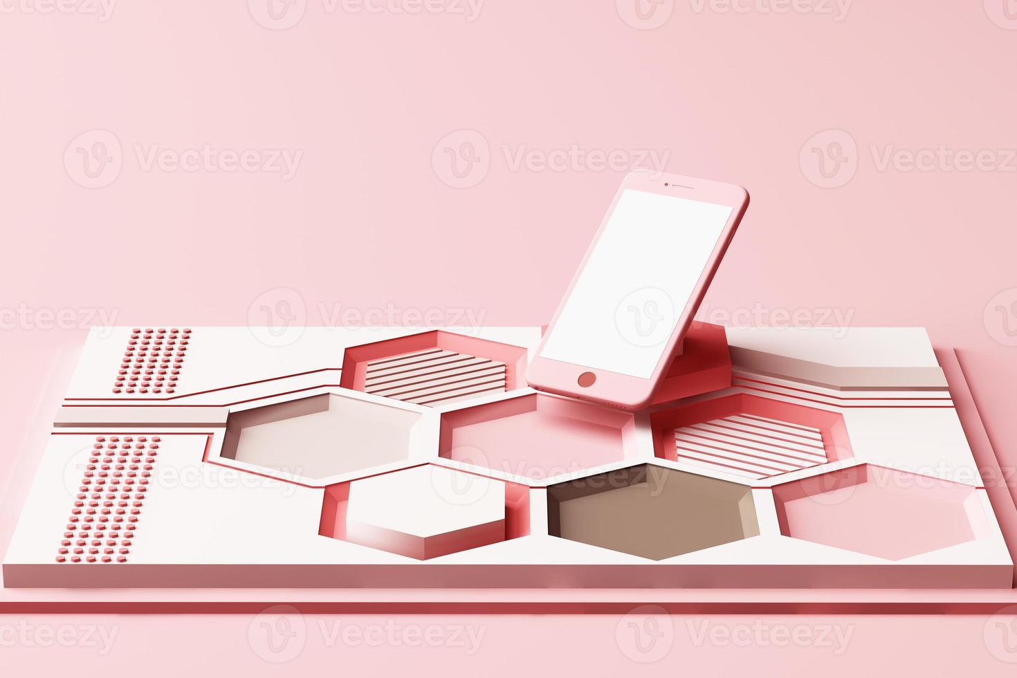 Smartphone with technology concept, Abstract composition of geometric shapes platforms in orange and pastel color. 3d rendering photo