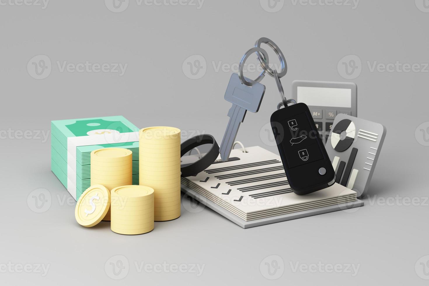 Dealer giving keys chain to a buyer. car rental or sale and car insurance or savings to buy a car concept with money cash and calculator and money coins on pastel background 3d rendering photo