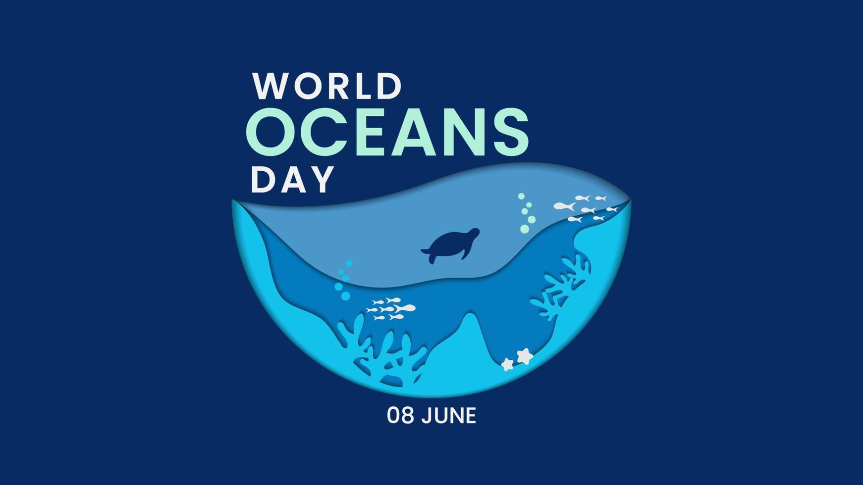 Vector graphic of world oceans day greeting text. With Coral reefs vector and some sea animals. Using papercut style and suitable for making greeting card on world oceans day events