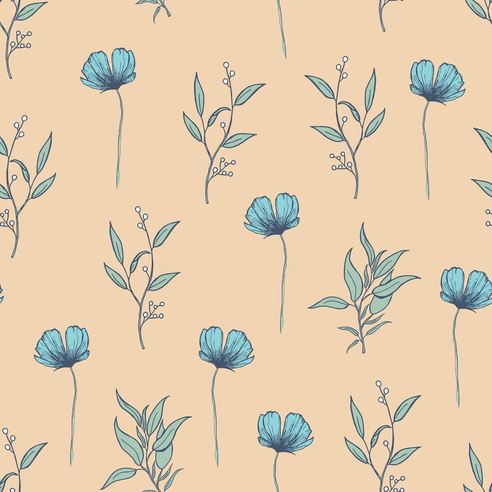 Modern wildflowers seamless pattern design. Seamless pattern with spring flowers and leaves. Hand-drawn background. floral pattern for wrapping paper or fabric. Botanic Tile. vector