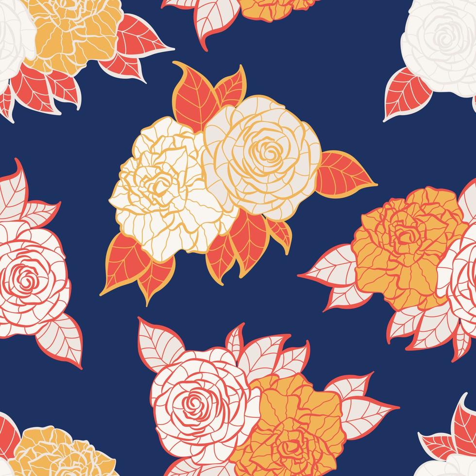 moderno diseño de patrones sin fisuras de flores de rosas tropicales. de patrones sin fisuras con flores y hojas de primavera. fondo dibujado a mano. patrón floral para papel tapiz o tela. azulejo botánico. vector