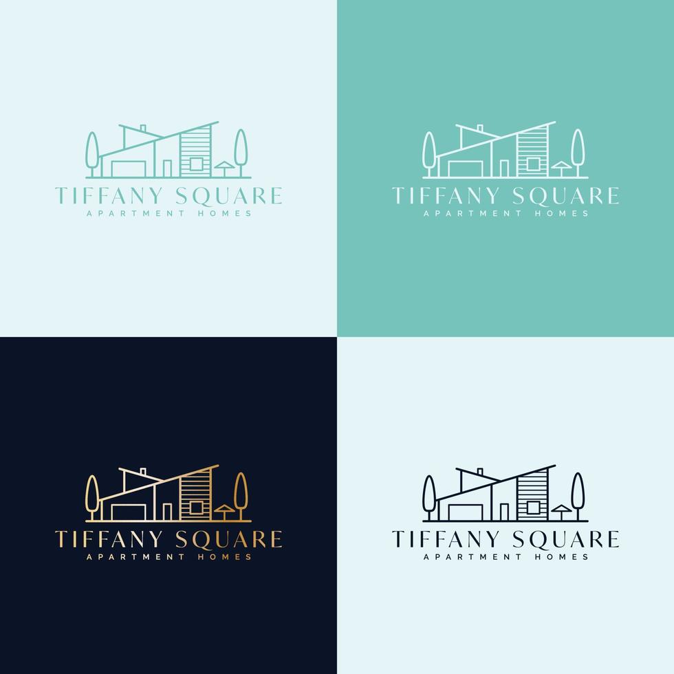 plantilla de logotipo vectorial para negocios de bienes raíces - ícono abstracto de verano y vacaciones y emblema para alquileres de vacaciones, servicios de viaje, spas tropicales y apartamentos. diseño de logotipo cuadrado tiffany vector