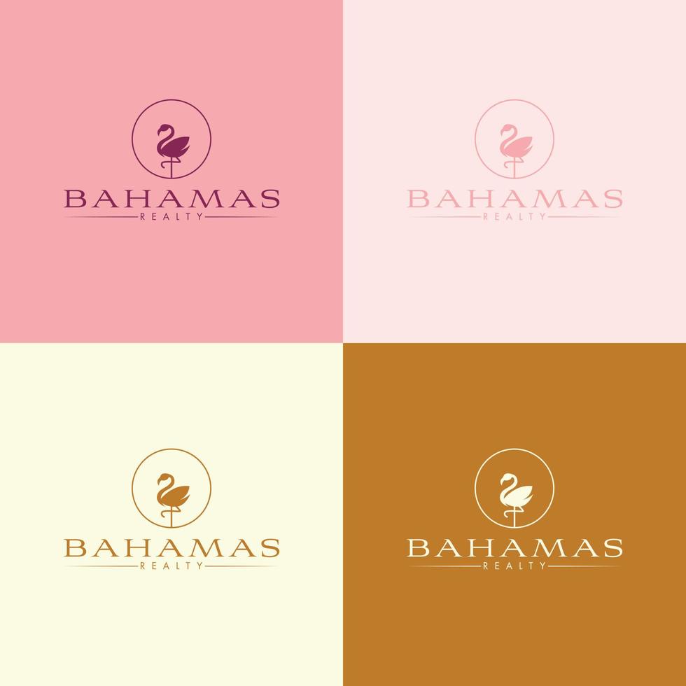 Vector logo template with flamingo bird - abstract summer and vacation icon and emblem for vacation rentals, travel services, tropical spas and beauty studio. Bahamas resort and spa logo design