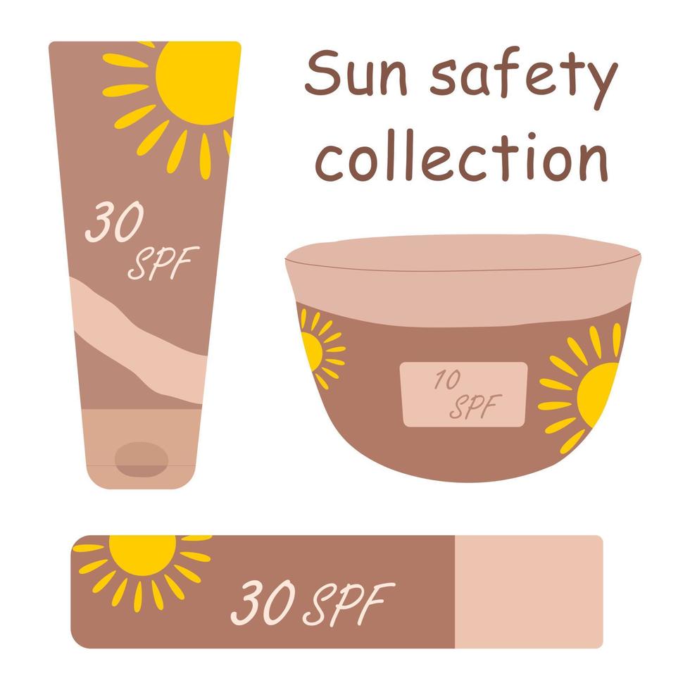 Set of vector illustrations with sunscreen. Sunscreen. Face sun protection.