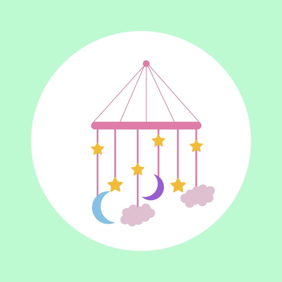 ilustración vectorial de un móvil de bebé en la cuna con un mes, estrellas y nubes rosas. móvil sobre un fondo verde vector