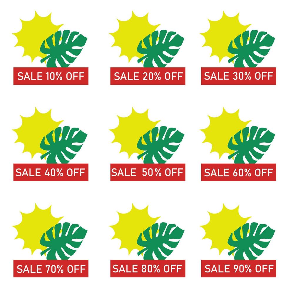 These vector illustrations summer sale, solar discounts. Sun and palm lear  . Sale 10-90 off