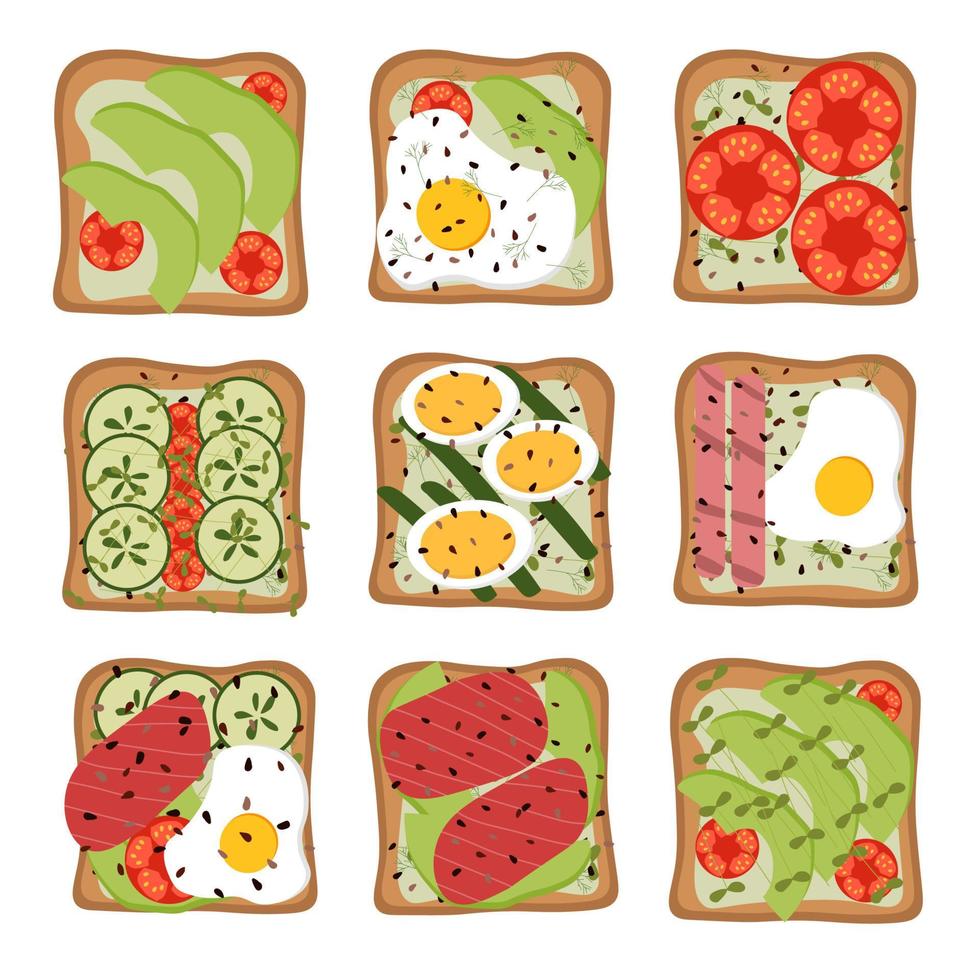 conjunto de tostadas y sándwiches vectoriales. rebanadas de pan con huevo, aguacate, pescado, pepino, tomates. vector