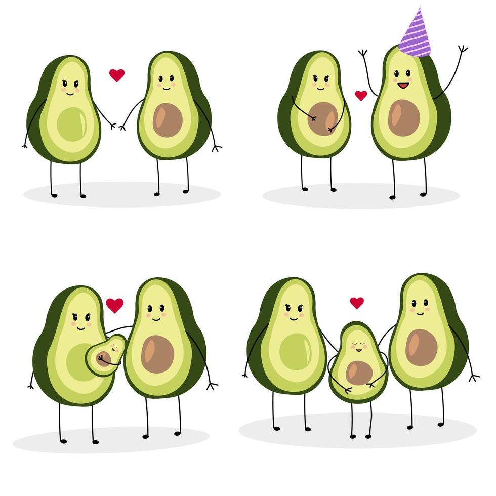 A set of vector illustrations with cute avocados in the process of creating a family.