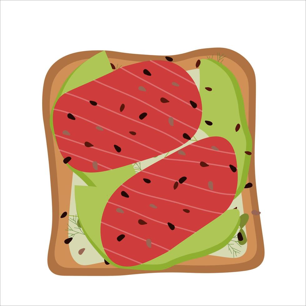 toast with red fish and avocado for breakfast.  vector flat illustration