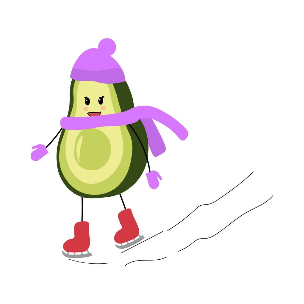 Vector illustration winter character avocado girl in a hat, scarf, boots and gloves skates in winter