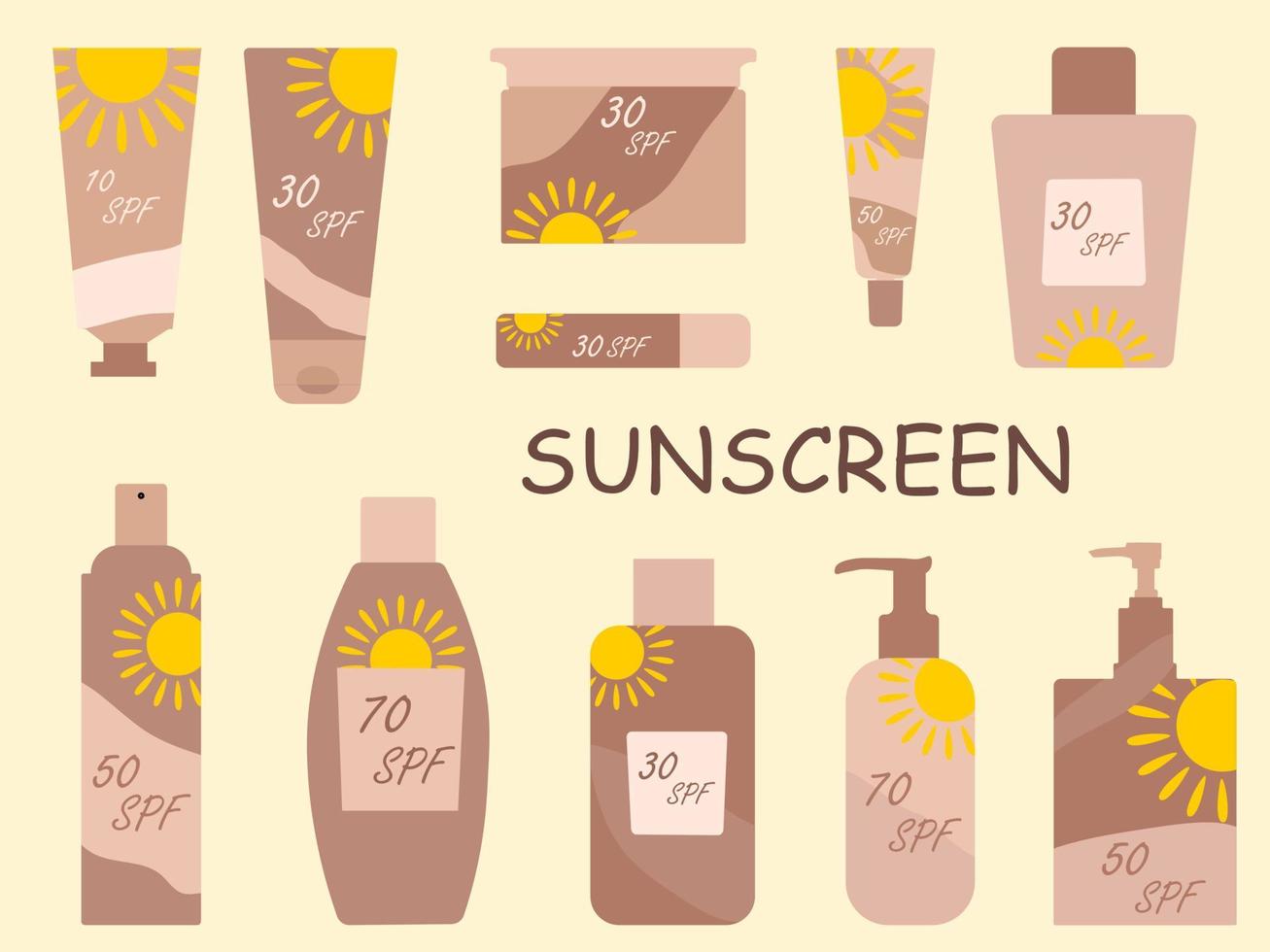 Big set of vector illustrations with body sunscreen. Sun protection, skin care, summer body care.