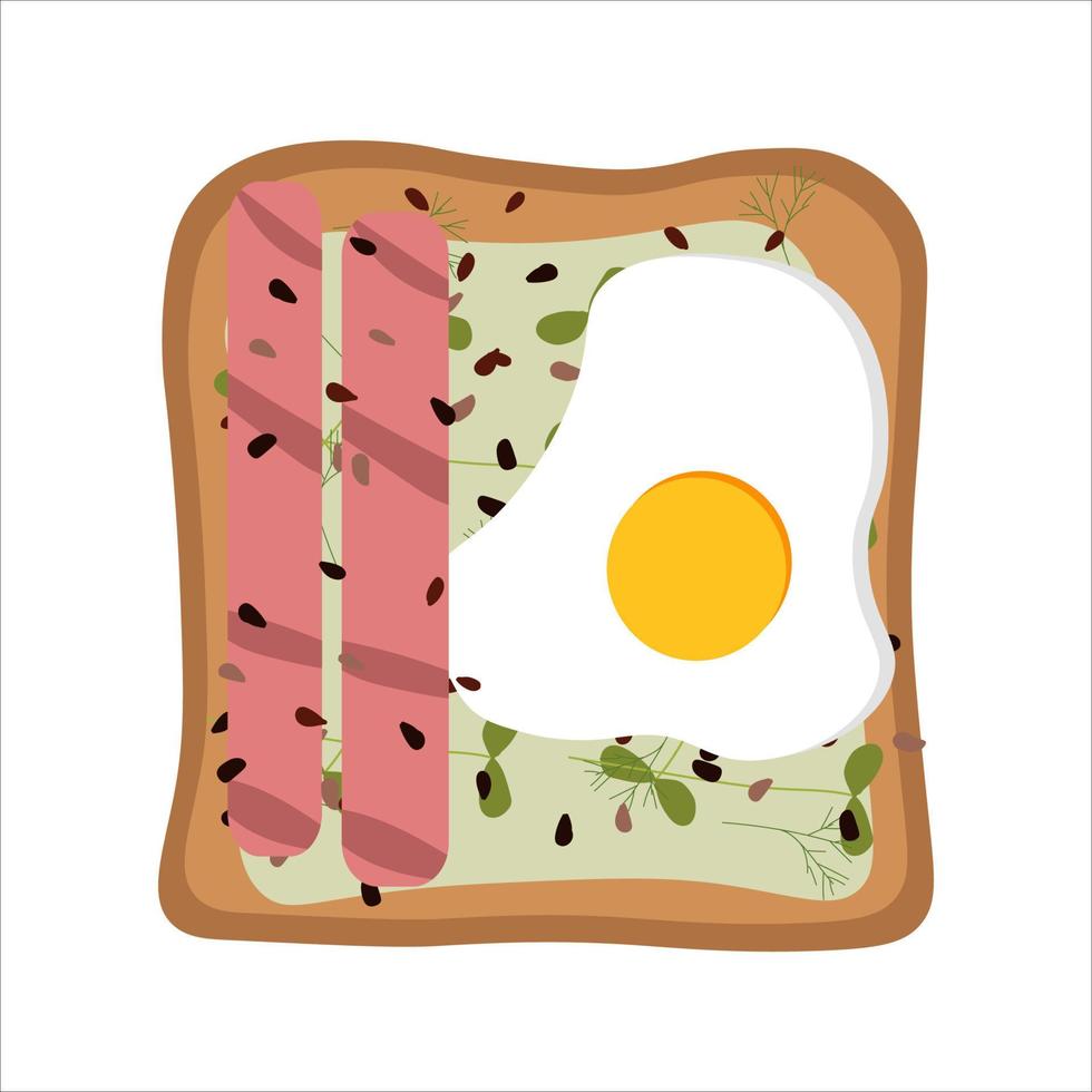 toast with fried egg and sausages for breakfast. vector flat illustration