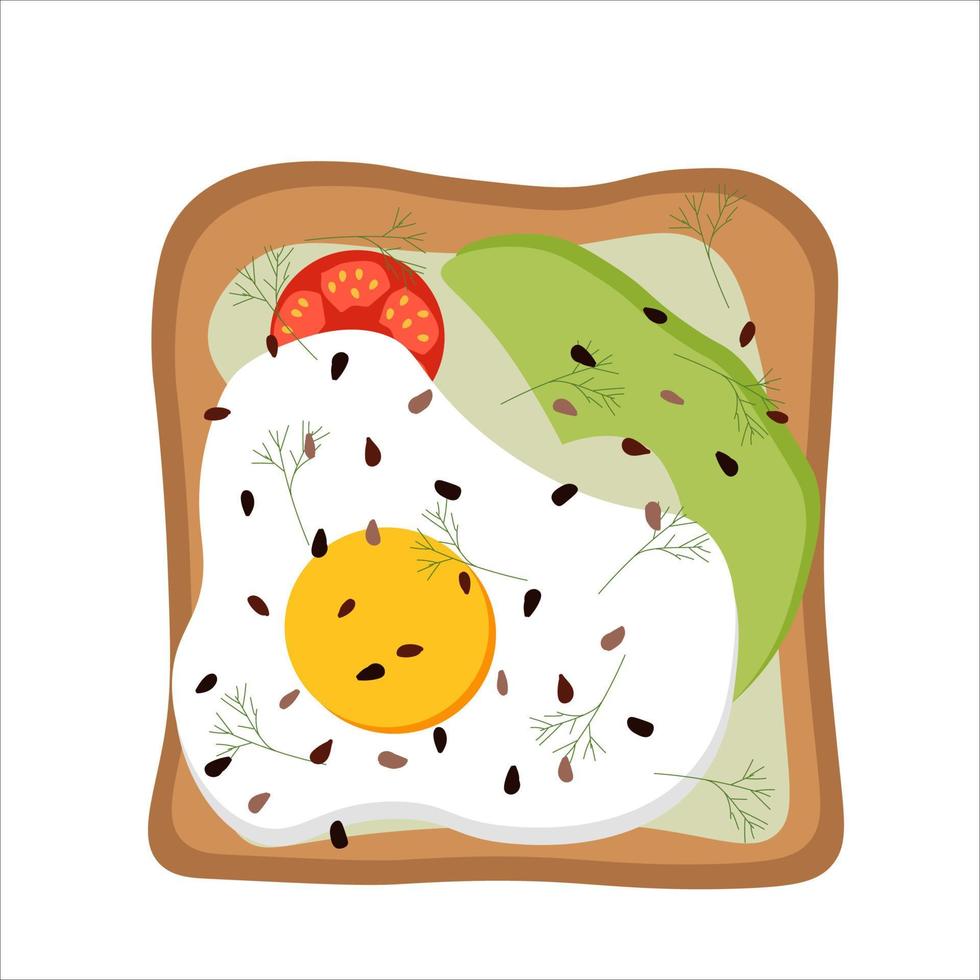 tomato and avocado toast with egg and microgreens for breakfast. vector flat illustration