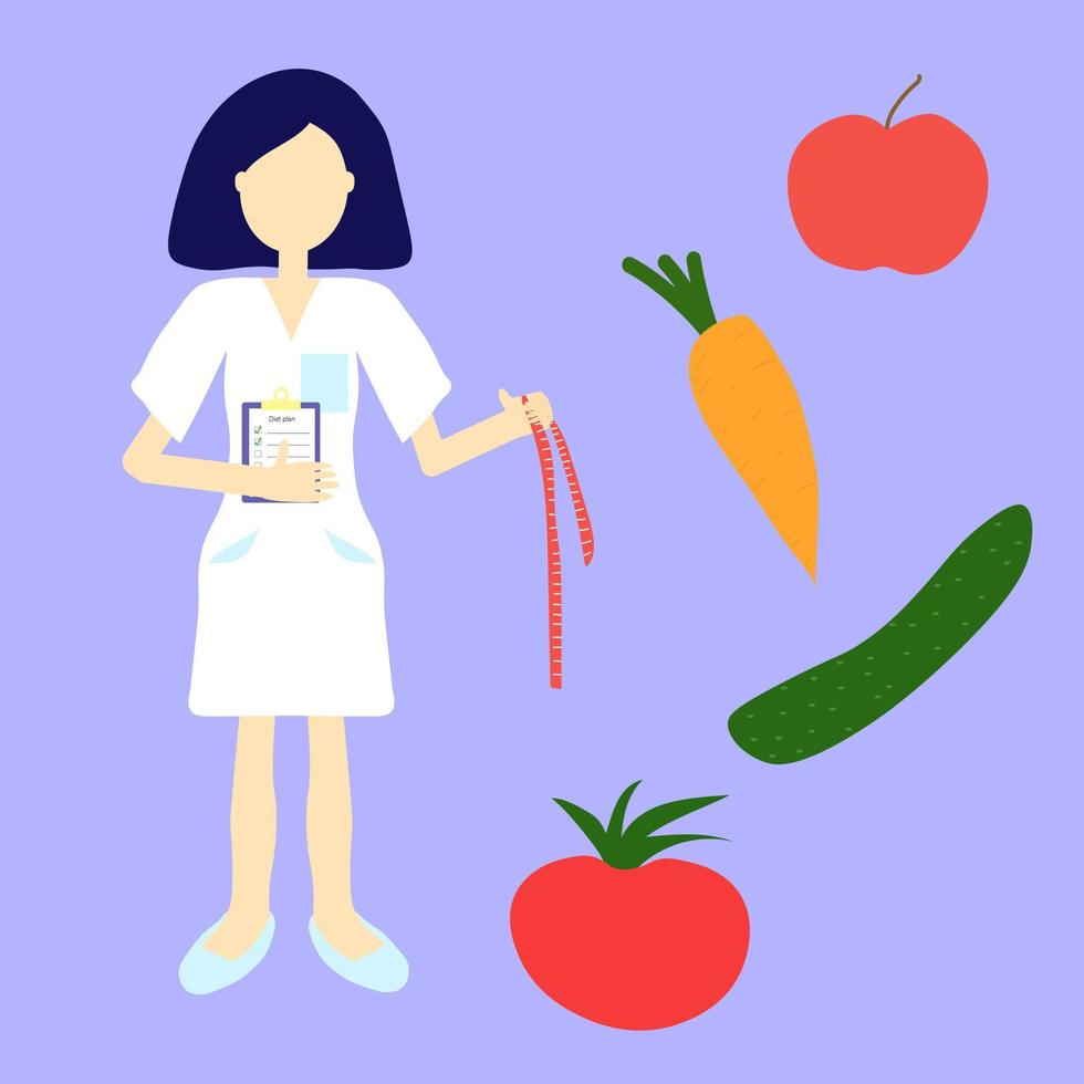 Vector illustration of a female doctor nutritionist, illustration in very peri color.  fresh vegetable